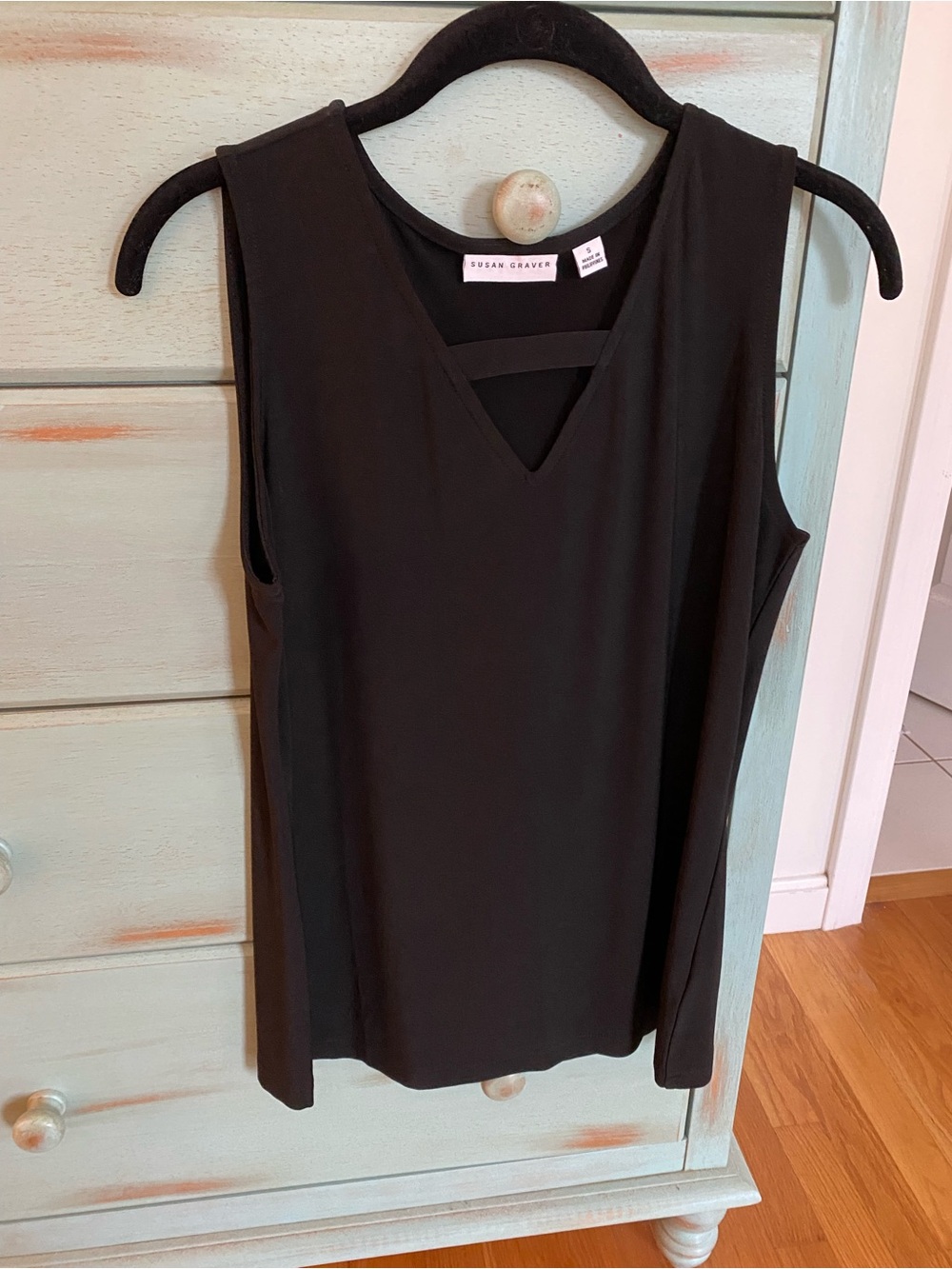 Susan Graver Black V-Neck Sleeveless Camisole with Strap Detail